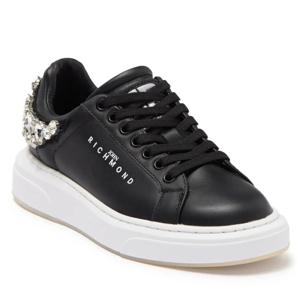 John Richmond Black Leather Sneakers with White Platform and Crystal Detail